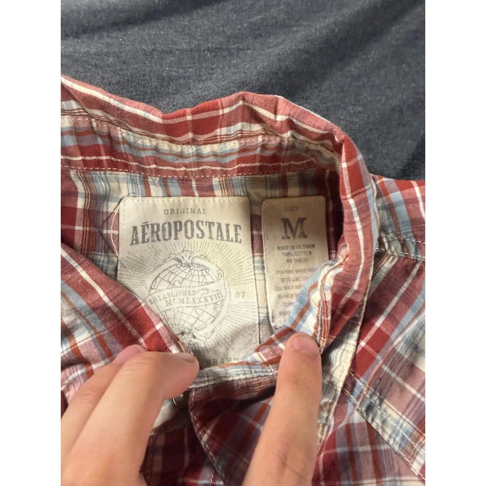 Aeropostale Mens Red Plaid Western Short Sleeve Pearl Snap Shirt Medium 822